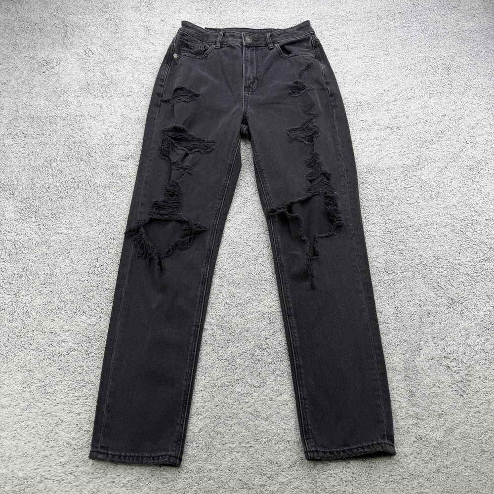 American Eagle Mom Jean Womens 25 Black Distressed Ripped High Waisted Stretch